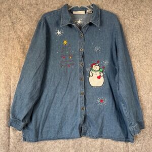 VTG Christmas Denim Shirt‎ Snowman Tree Plus Size 2X Cottagecore Grandmacore